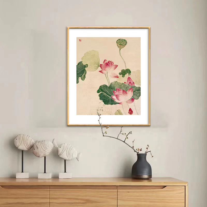 《荷花图 》原作版画 中式书房挂画 实木榫卯圆角框