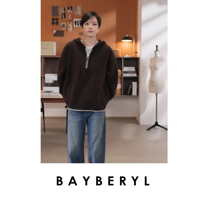 BAYBERYL老贝可可*牦牛半拉链拼色连帽百搭针织衫ZZS5H2804