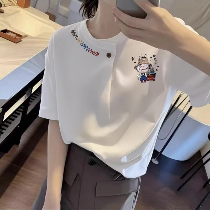 欧货白色纯棉短袖纽扣t恤女夏季新款小众印花设计感宽松显瘦上衣