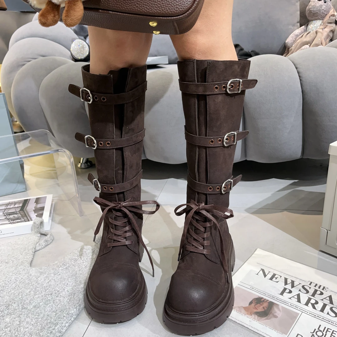【小涵家】秋季新款欧洲站走秀小众皮带扣系带厚底【7cm】骑士靴ins