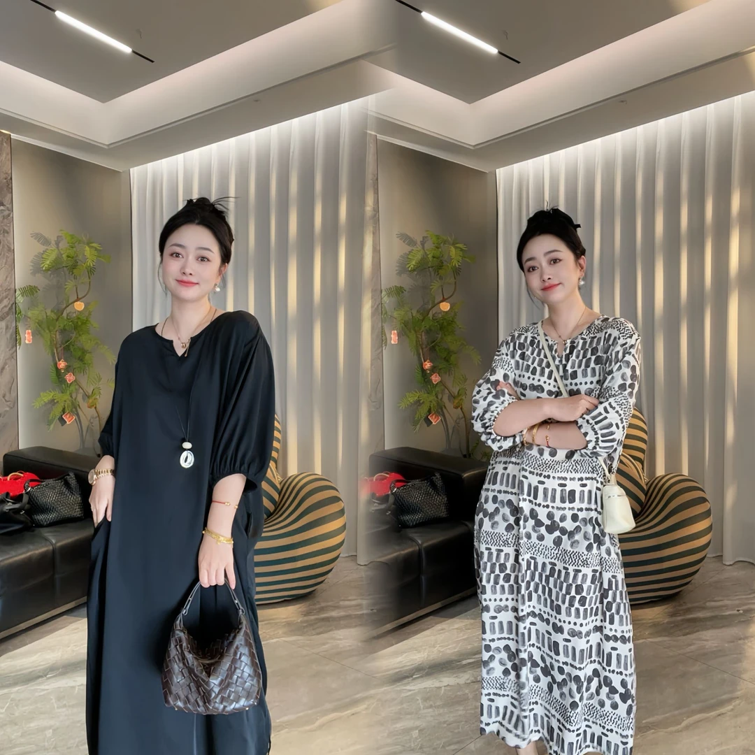 【现货】夏季新款宽松时髦气质大码设计感印花纯色减龄中袖连衣裙