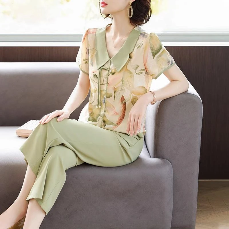 FAVMARTHA妈妈夏装2025新款短袖T恤小衫套装中老年女装夏季雪纺上