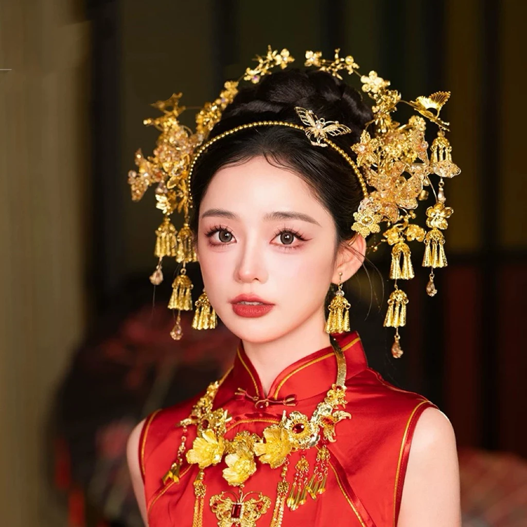 可爱新娘金色铃铛秀禾服造型结婚头饰龙凤褂气质发饰品20241213