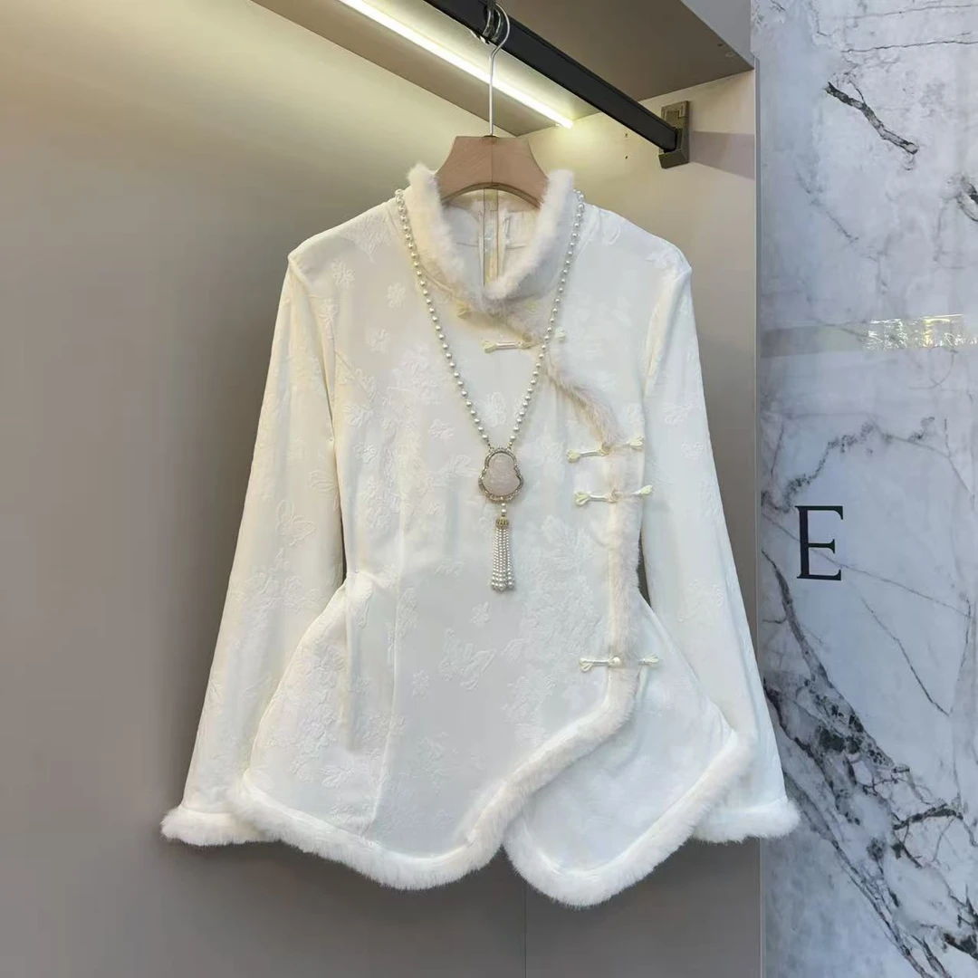 2025秋冬胖mm新款新中式国风拼接毛绒减龄收腰设计感长袖上衣2613