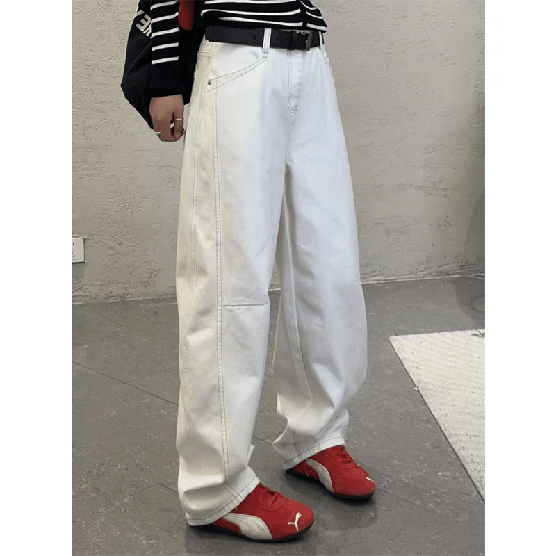 复古白色高腰显瘦哈伦牛仔裤女春季新款设计感弯刀直筒拖地长裤子