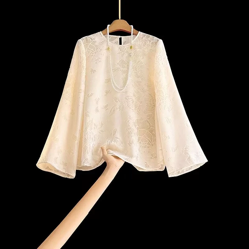 南油国风新中式杏色春季2025新款上衣烧花真丝丝绒高级感