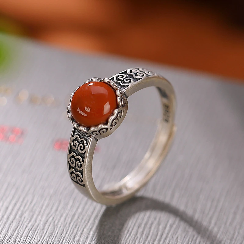 S925银镶南红玛瑙个性复古祥云如意戒指古典设计感百搭气质指环