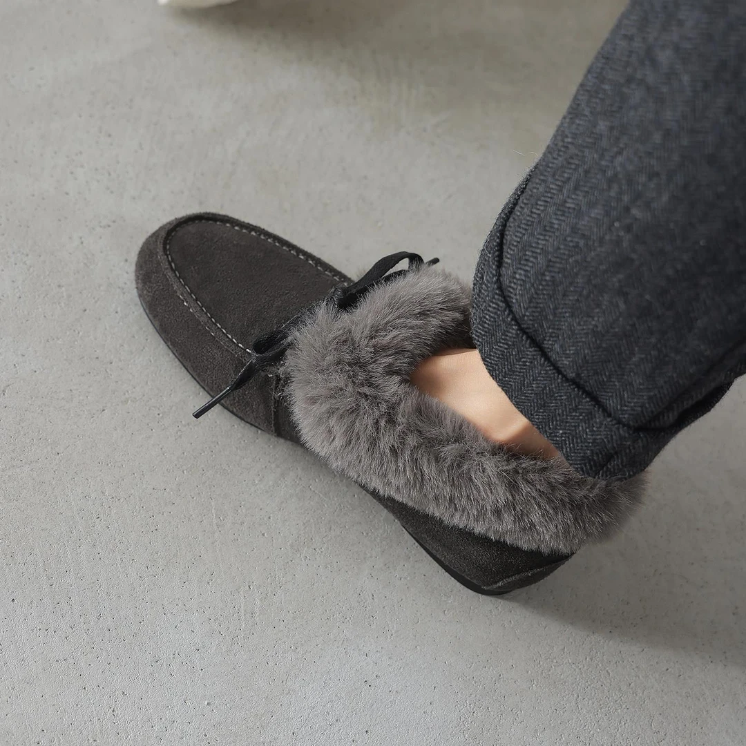 云朵 冬季毛毛单鞋女磨砂舒适加绒保暖鞋蝴蝶结平底乐福鞋