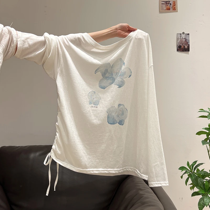 甜辣妹印花凉感防晒长袖罩衫T恤女2025夏季独特抽绳收腰显瘦上衣