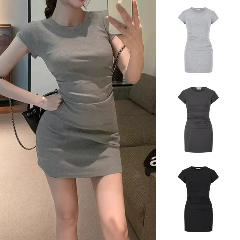 Moses Queen/魔西女王甜辣妹修身短袖T恤连衣裙修身皱褶包臀短裙