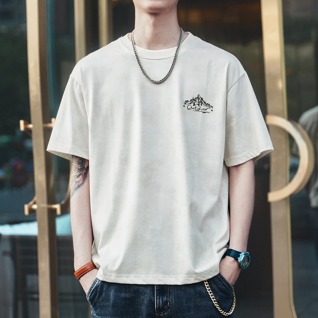 格蓝鹿高端日系复古白色印花短袖T恤男2025夏季宽松潮流半袖体恤