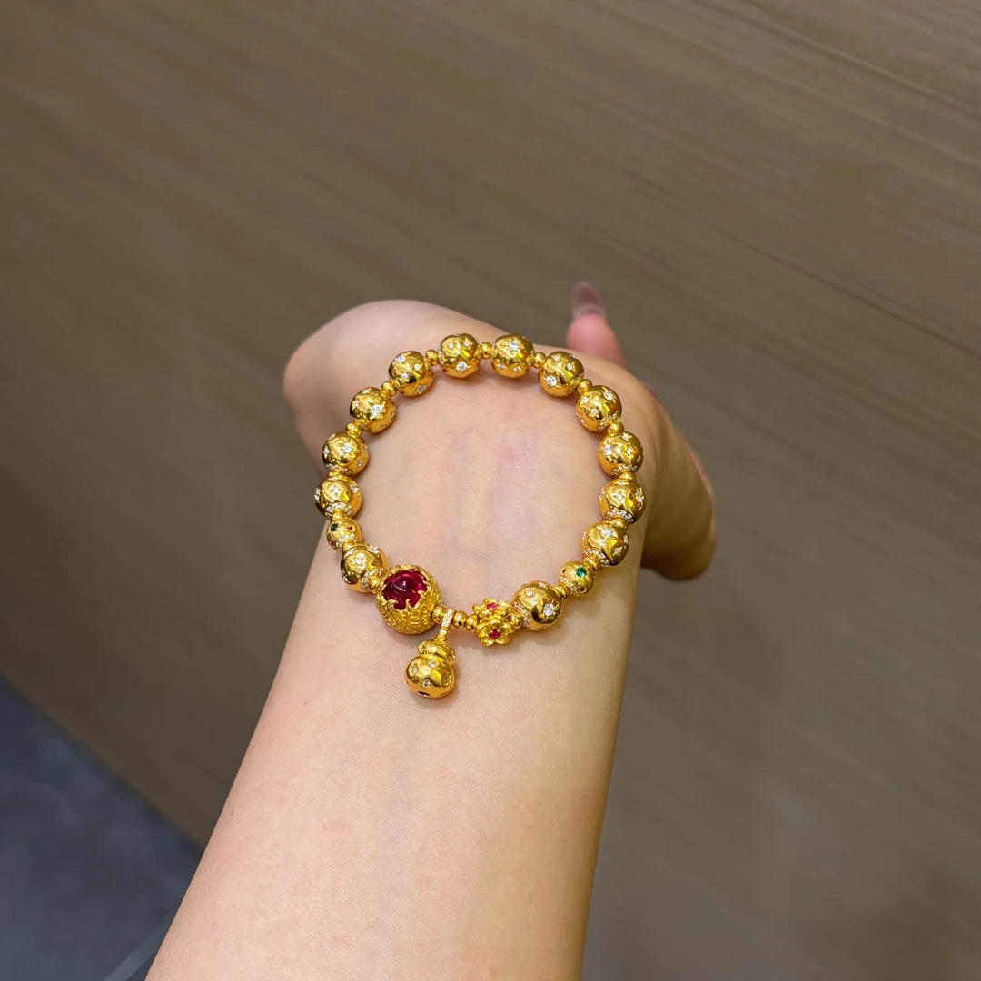 【菠萝珠宝】足金999 时尚点钻火焰珠葫芦星芒手串 净金重：34.76克