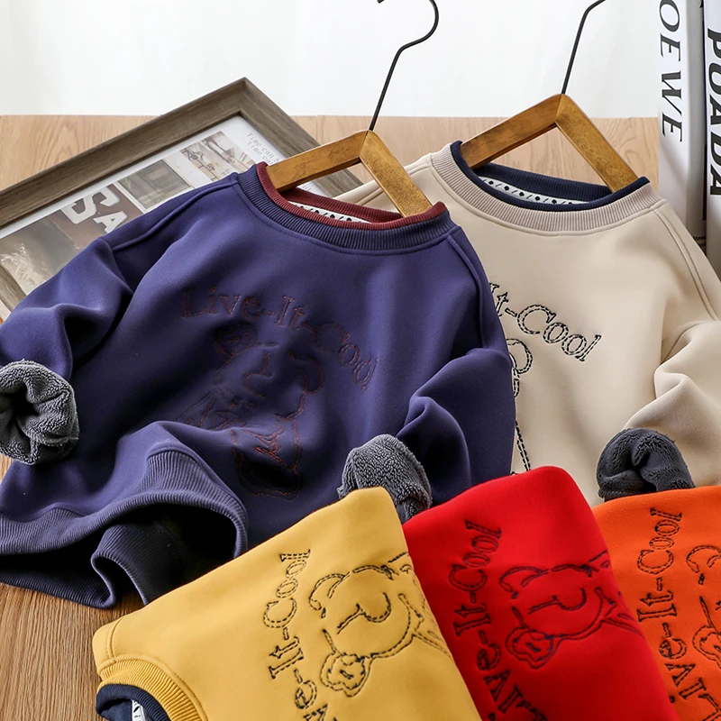 男女童秋冬加绒卫衣2025新款儿童假两件一体绒小熊刺绣中大童上衣