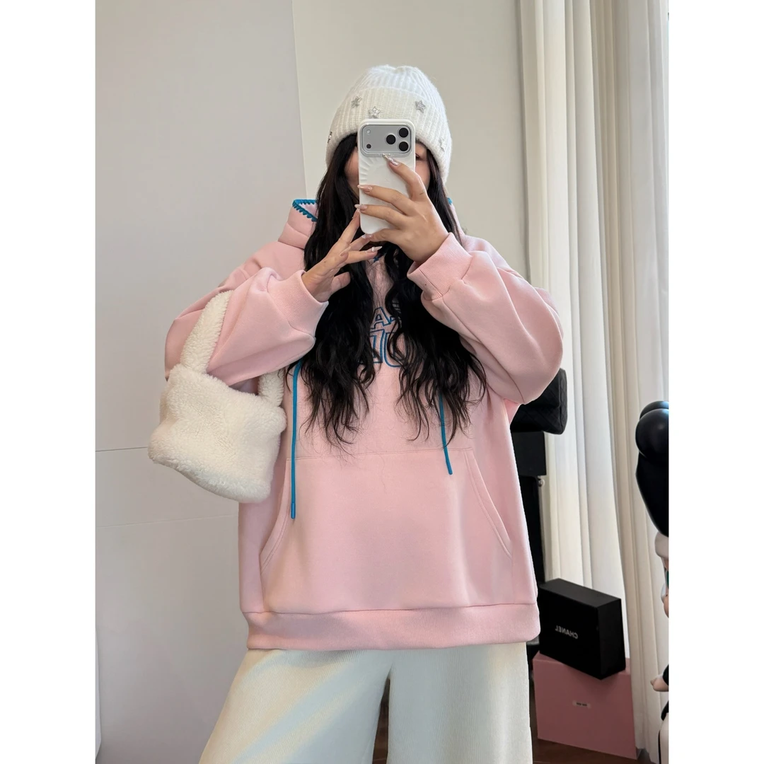 花契“桔梗蜜茶”大码女装冬季宽松200斤胖mm字母刺绣卫衣16320-H