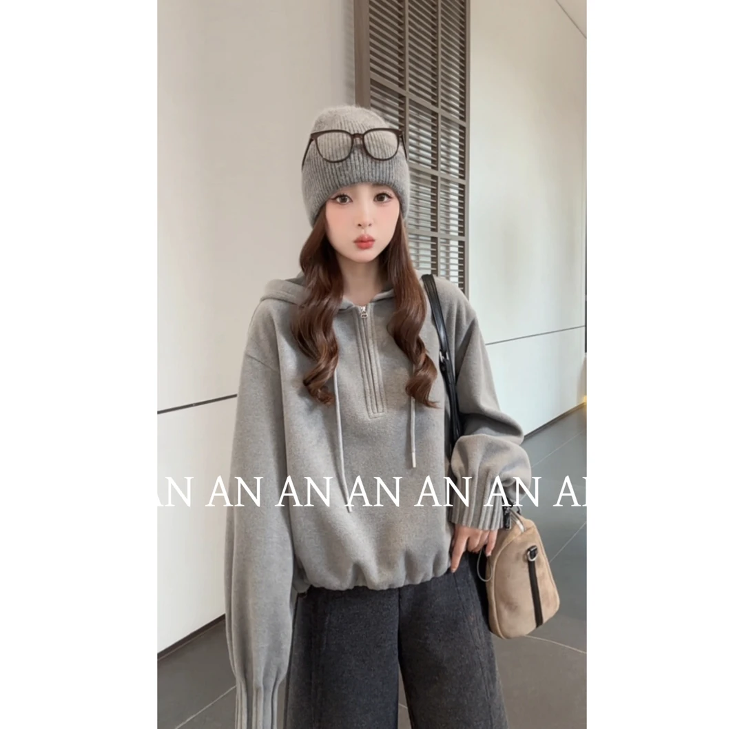 C11242新款时尚小众设计宽松独特袖口褶皱半拉链连帽卫衣