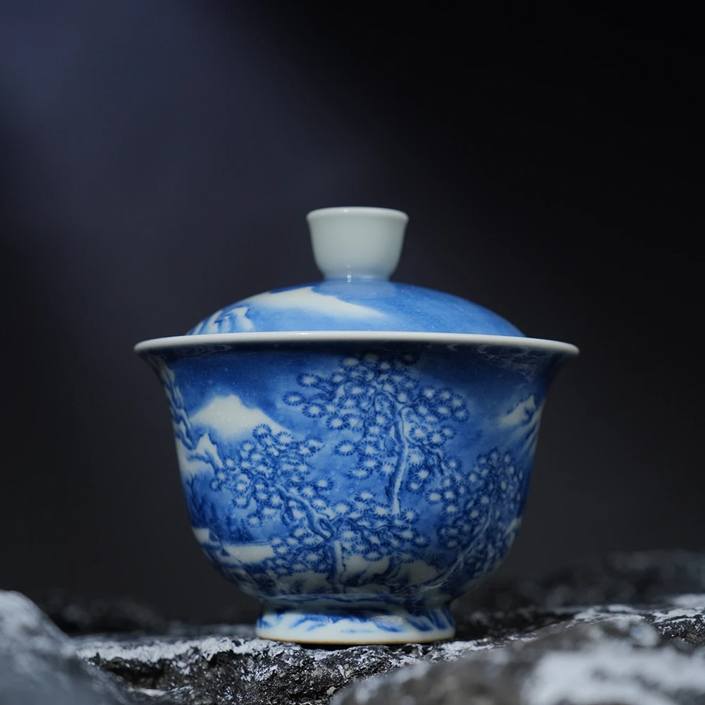 景琳藏雪景山水松涛雪韵盖碗 景德镇手全工手绘中式送礼茶碗茶器
