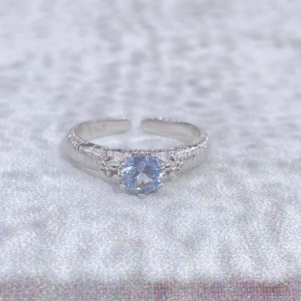 925银戒指 合成立方氧化锆戒指银高级感拉丝童军花蓝锆石对口戒指