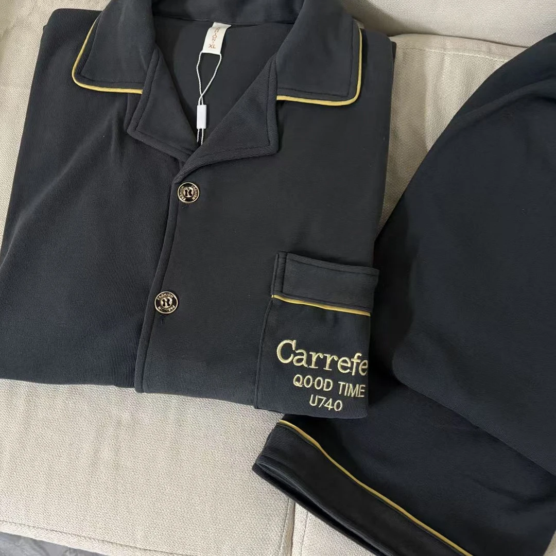 77-男士秋冬季黑口袋字母开衫家居服套装