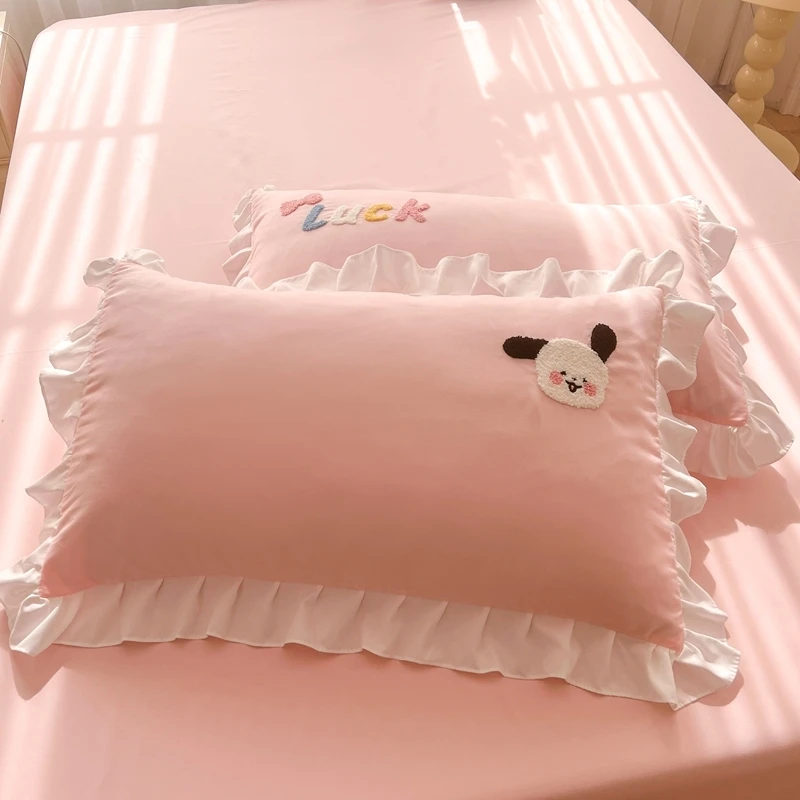 公主风毛巾绣枕套水洗棉花边枕头套一对装家用宿舍单人枕芯套装48