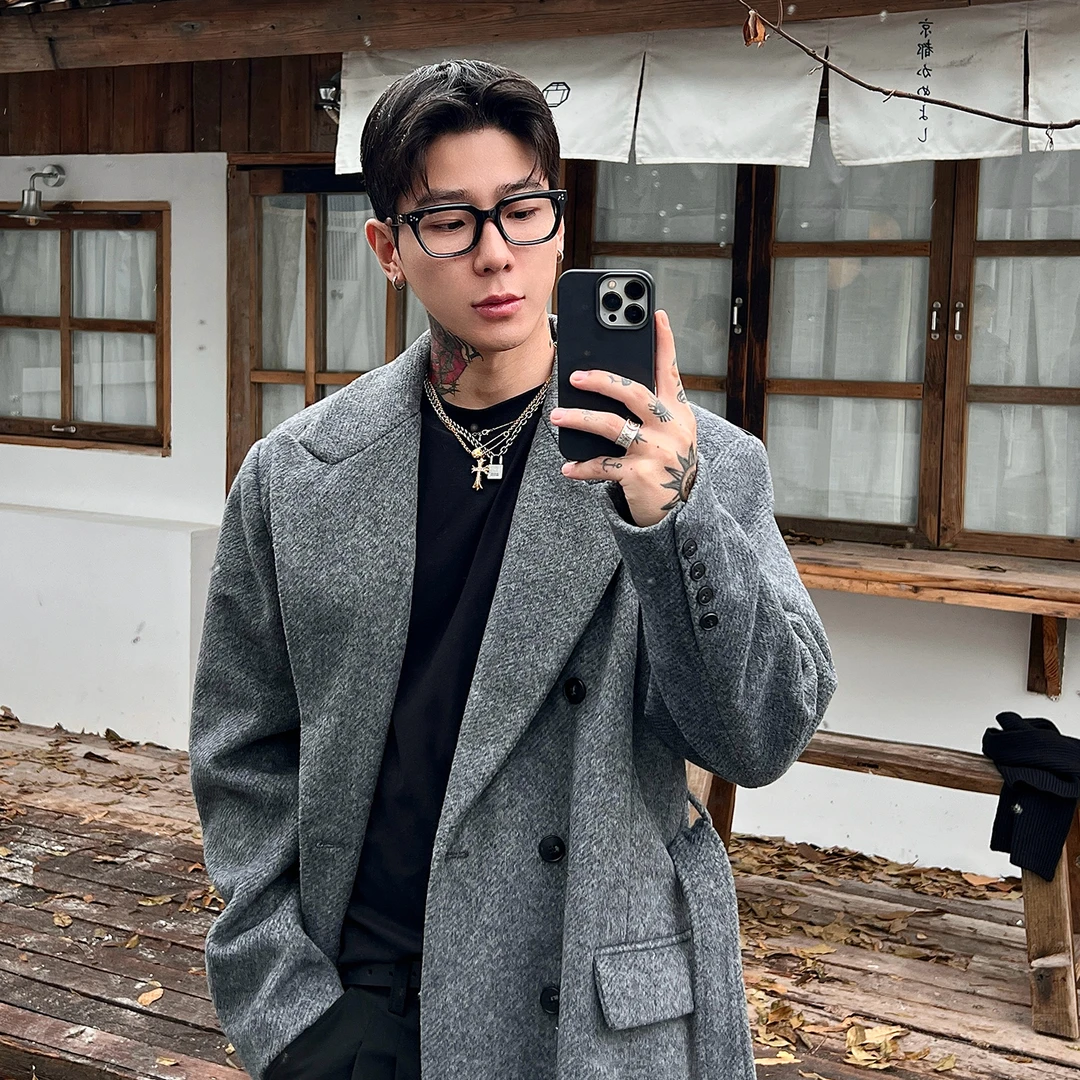 OXFREAK「羊毛混纺 西装领」双排扣毛呢大衣男中长款冬季过膝外套