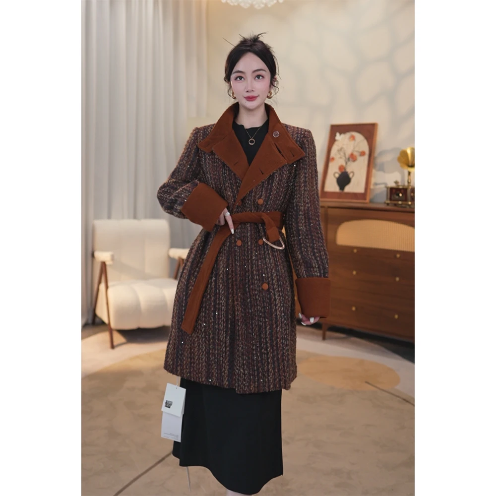 楚老板白鸭绒羊毛小香风轻奢时尚气质中长款大衣BHK1109