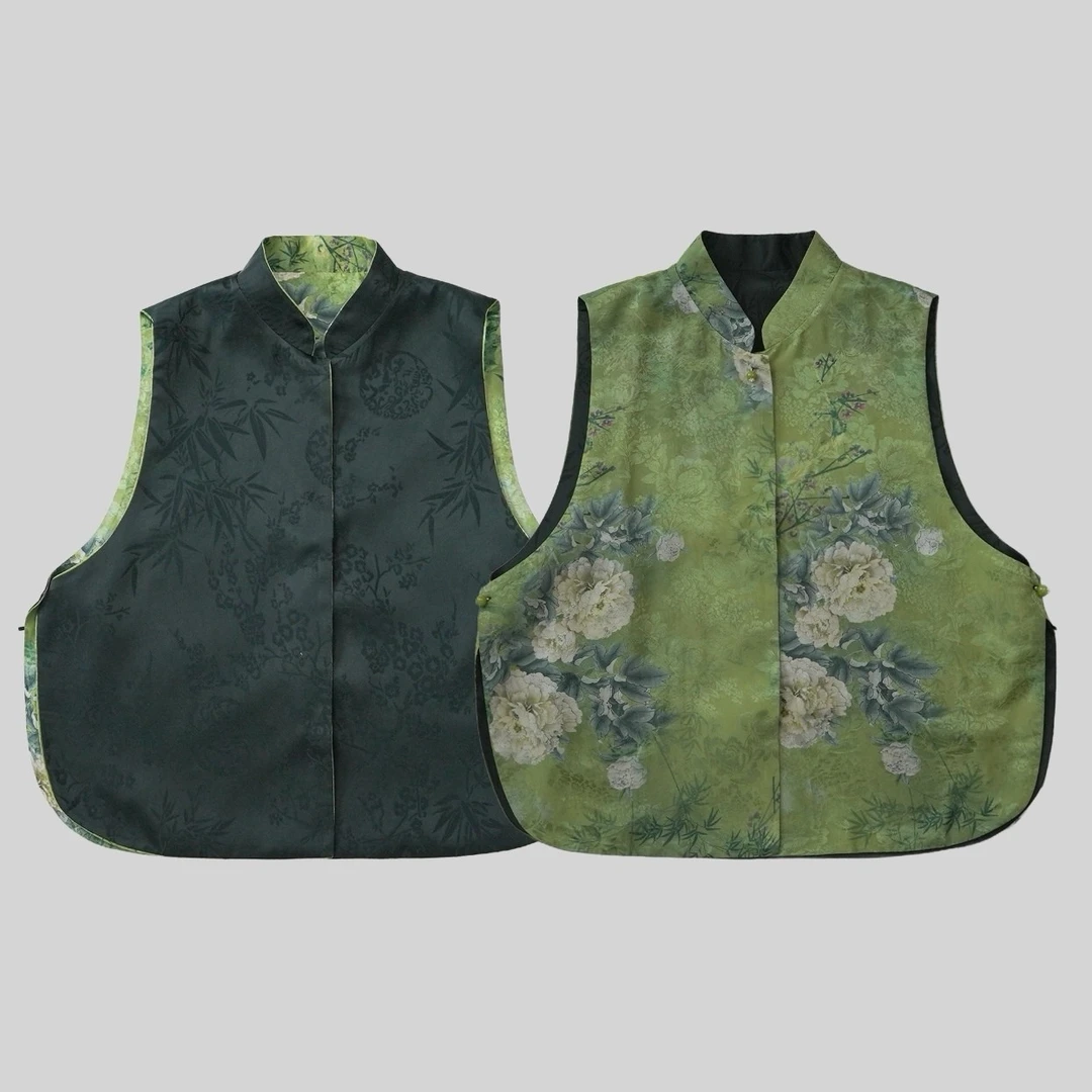 丝年.绿韵｜新中式国风时尚百搭重磅暗纹提花双面穿上衣马甲-5253