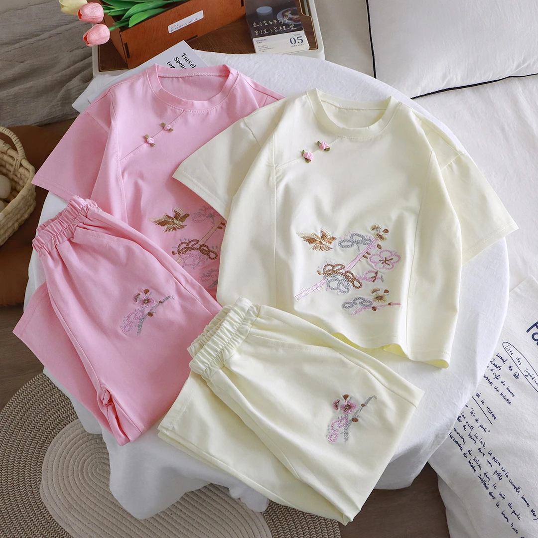 新中式女童纯棉夏季中国风纯色套装学生汉服休闲绣花时尚宽松