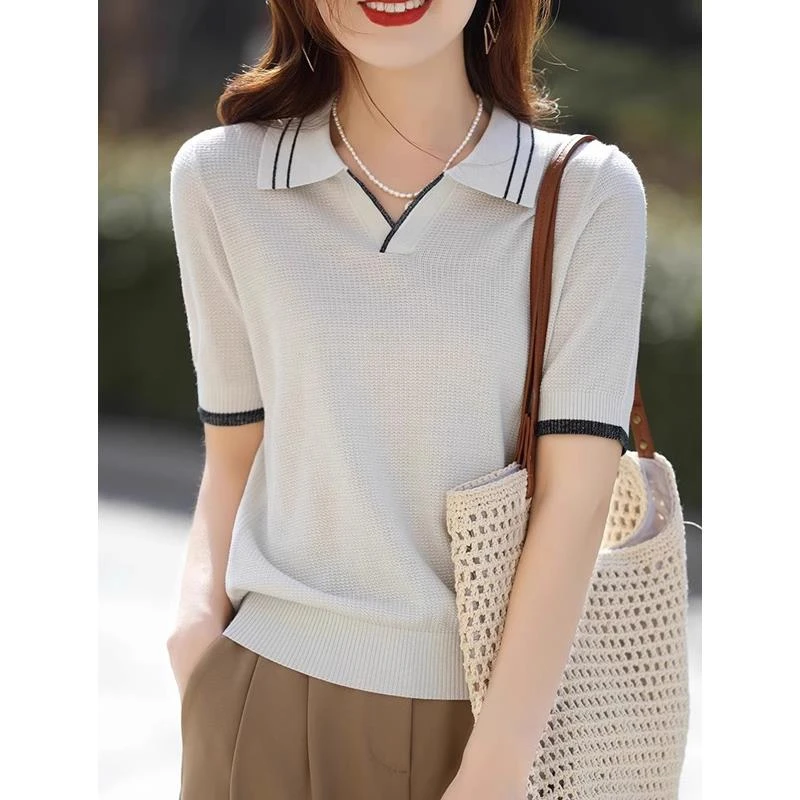 2025夏季新款POLO领针织衫短袖女宽松薄款翻领拼色半袖T恤上衣服