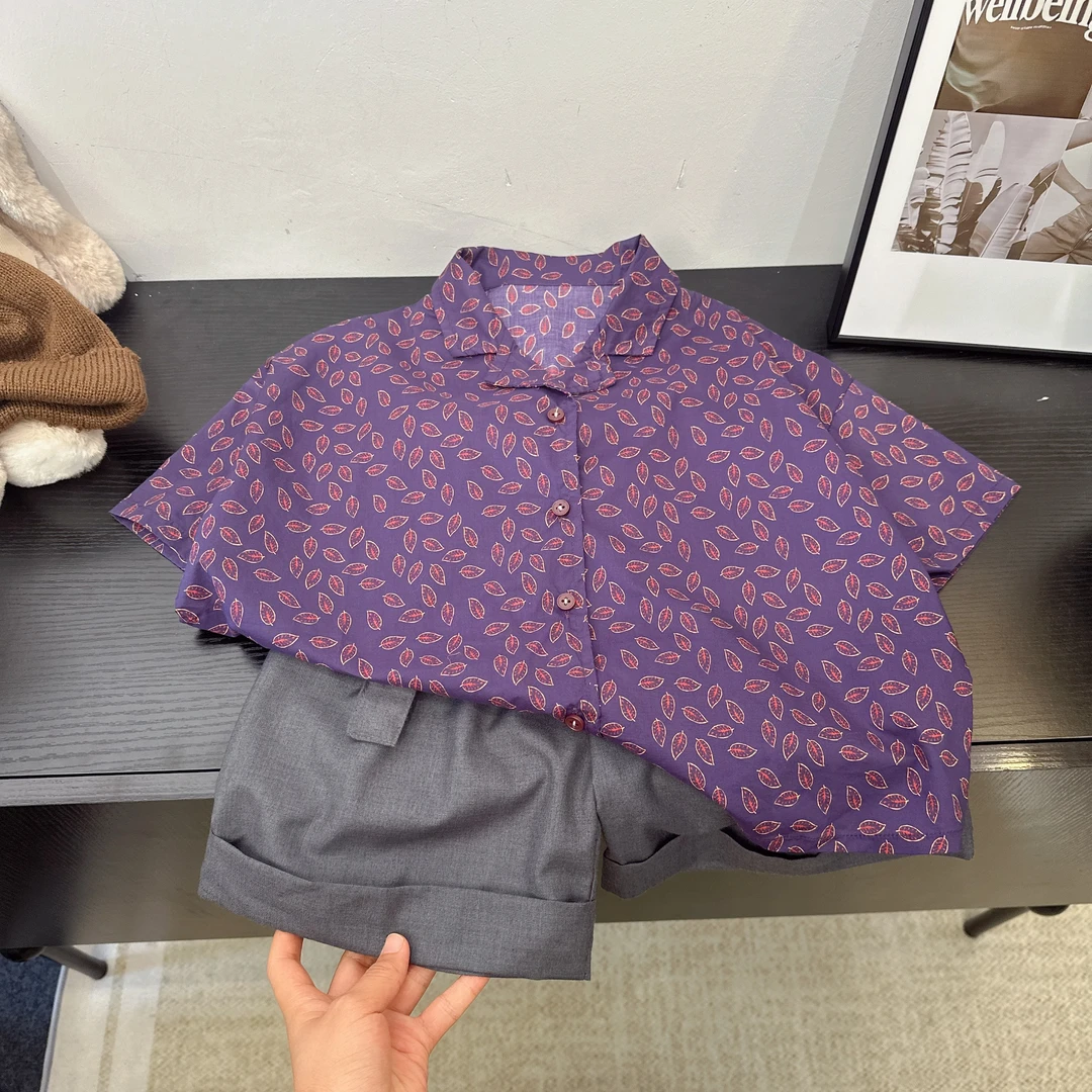 儿童夏季套装2025新款男童印花短袖衬衫中小童森系复古港风套装