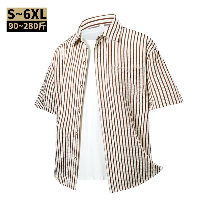 大码短袖衬衫外套男士条纹衬衣透气百搭夏季新款胖子加肥加大上衣
