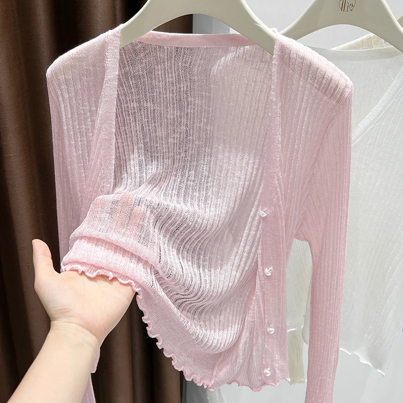 粉色甜美轻薄V领冰丝防晒网纱针织开衫女夏季配吊带裙外搭小披肩
