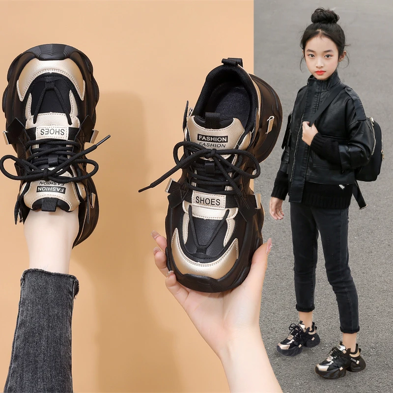 女童运动鞋2025春秋新款皮面防水儿童老爹鞋中大童鞋子加绒二棉鞋