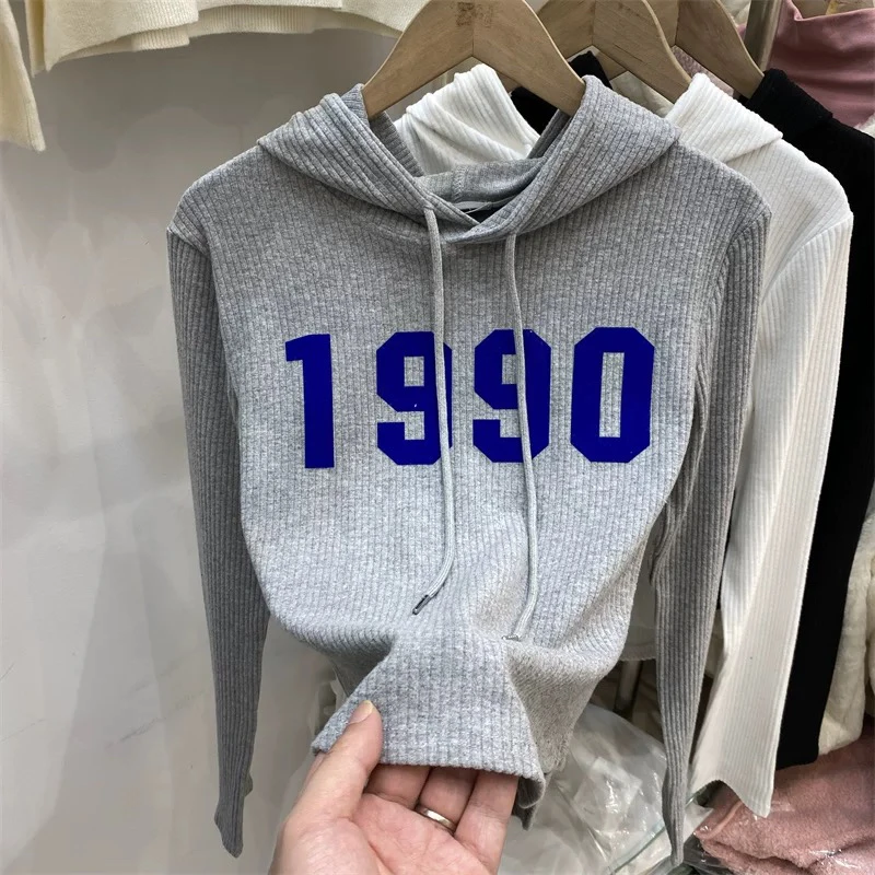 连帽长袖数字植绒磨毛螺纹打底T恤