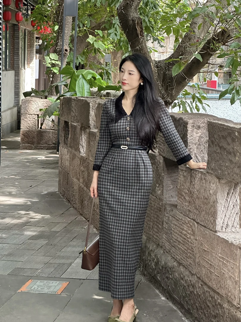 叁屿定制 青霞～港风复古气质TR毛呢格子八分袖修身连衣裙秋冬