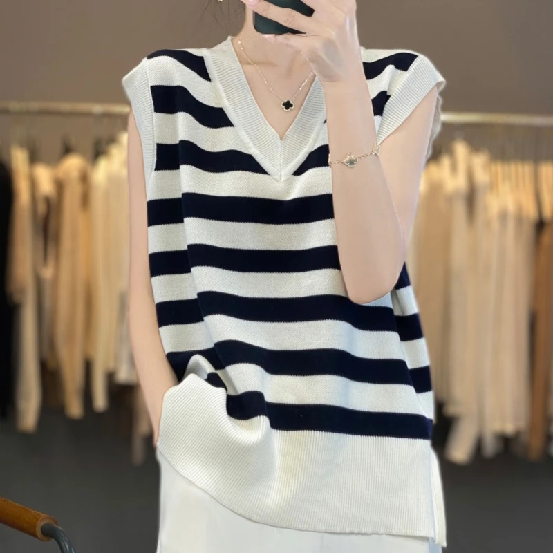 羊范慵懒风V领精纺羊毛马甲女士宽松拼色百搭背心叠穿无袖针织衫