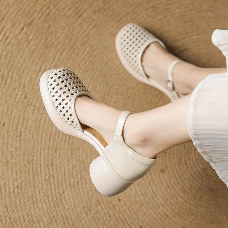 手工鞋/6cm高跟厚底包头包后跟凉鞋新款镂空透气防水台洞洞鞋M811