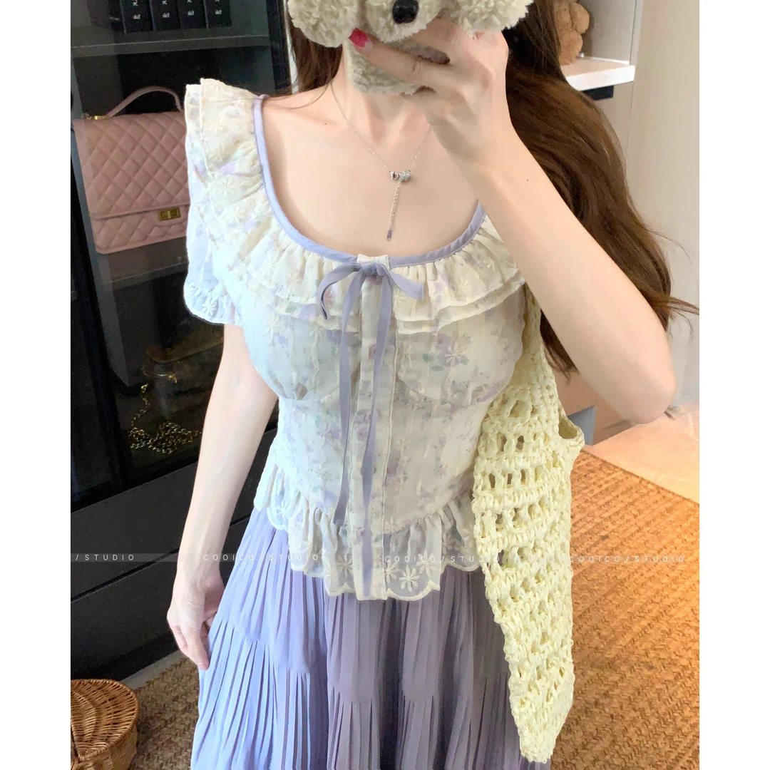 【薰衣草】大码女装法式碎花刺绣方领上衣夏季胖mm泡泡袖衬衫两件套