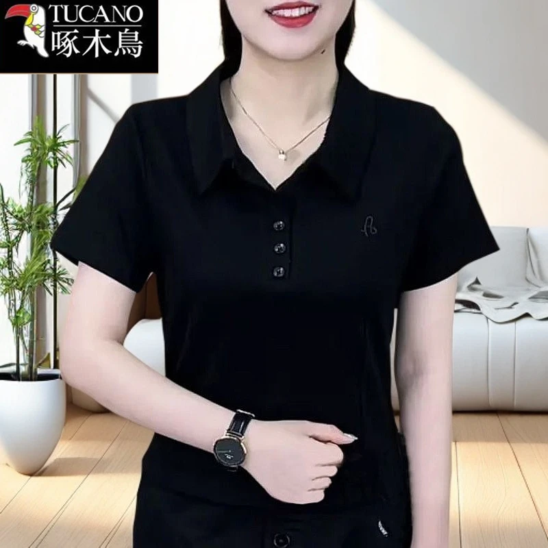 啄木鸟正品夏季短袖T恤POLO领2025年新款时髦高级感纯色刺绣上衣
