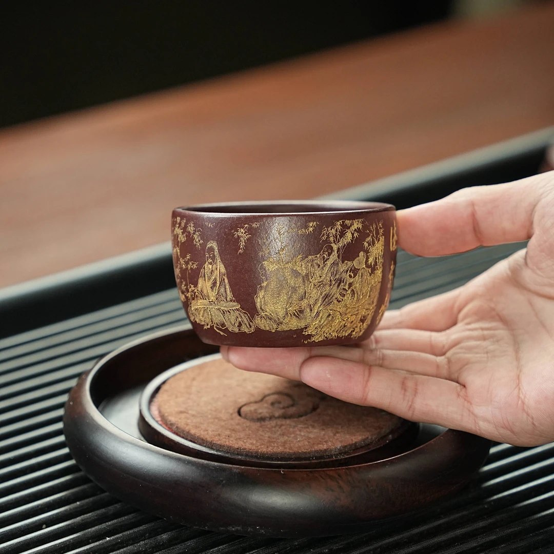 宜兴正宗原矿紫砂龙血砂纯手工刻竹林七贤高档紫砂茶器主人杯