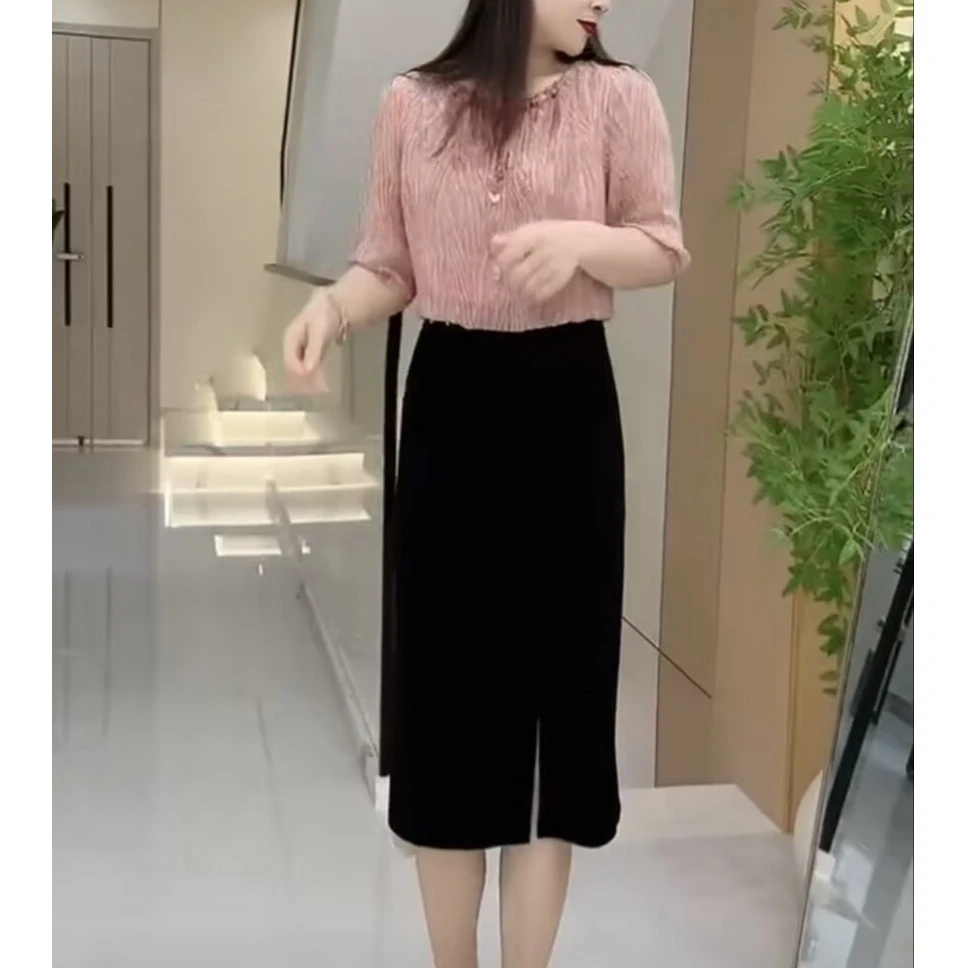 夏季新款时尚减龄领口系带修身显瘦款粉色拼接假两件连衣裙1452#