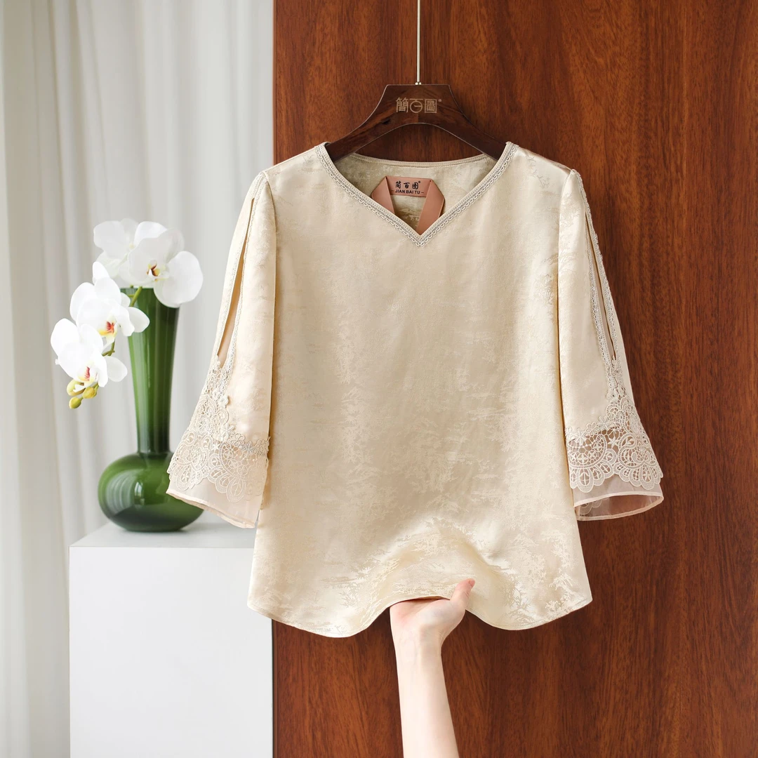 2025新中式香槟杏色重工V领款时尚显瘦衬衫气质百搭国风上衣