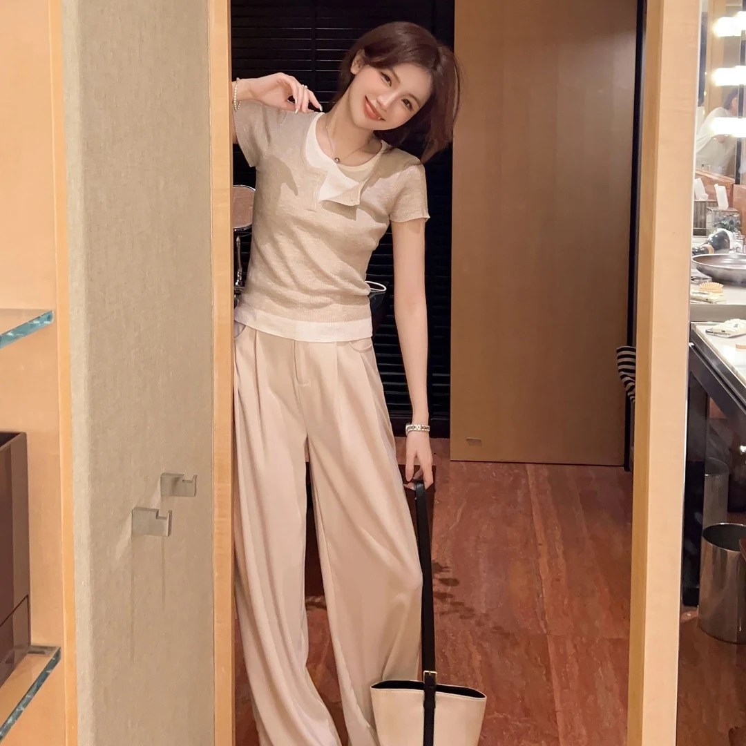 【芝士cheese】慢调生活 麻感冰凉针织假两件t短款