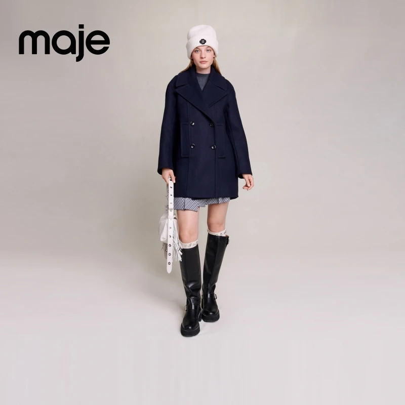 流光风|Maje女装高级感双排扣羊毛混纺宽松毛呢外套MFPOU01078
