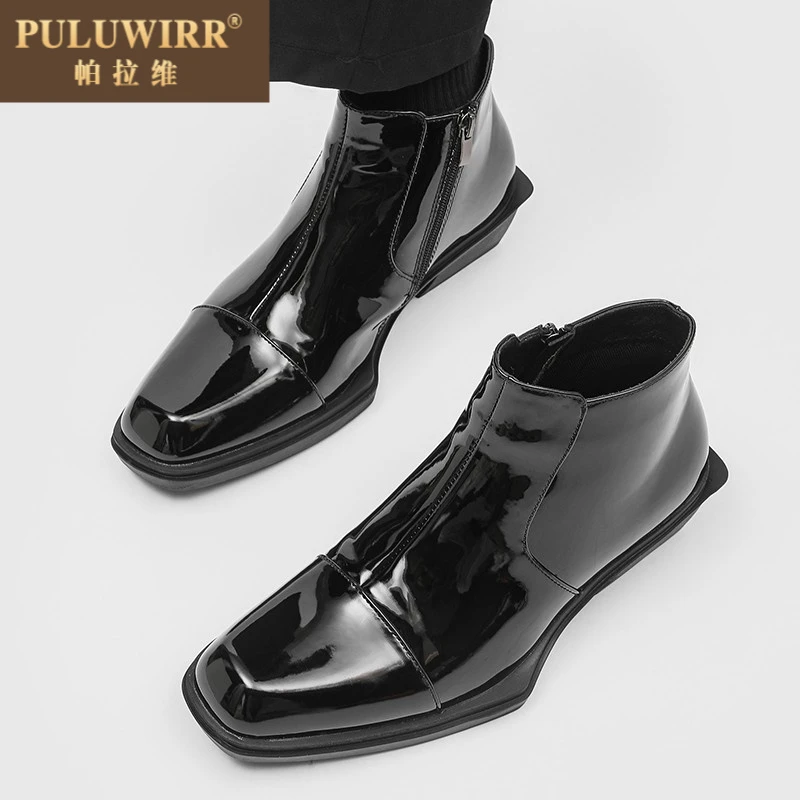 切尔西靴男士英伦风格尖头低帮短靴高端漆皮光泽中小腿马丁靴休闲