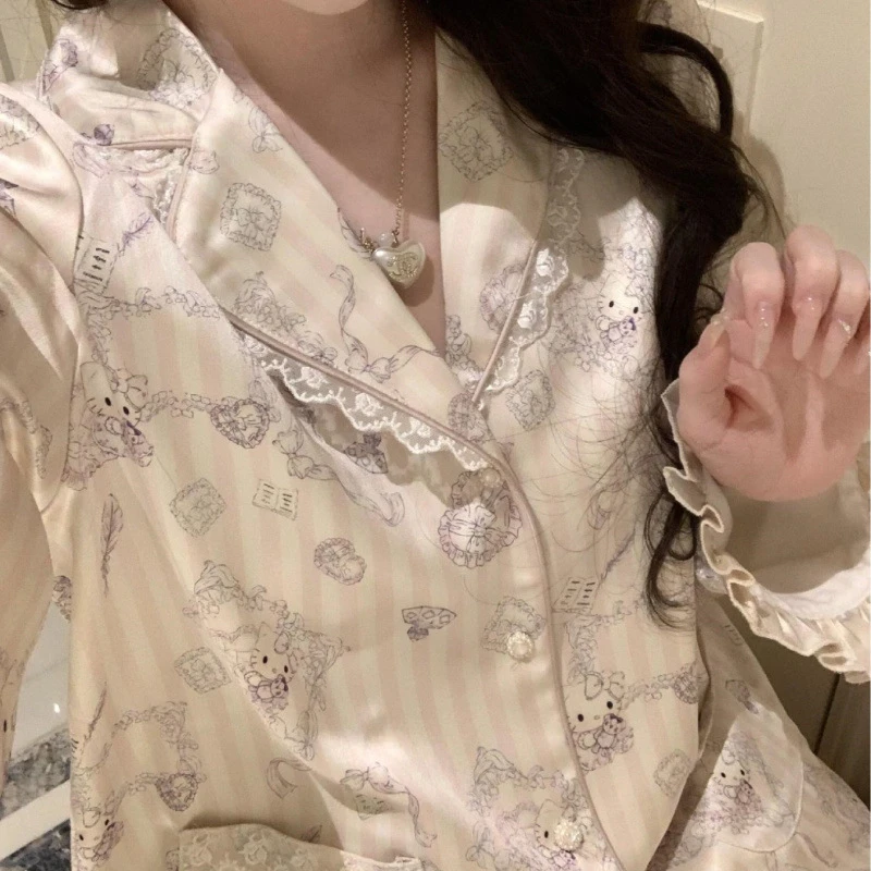 可爱少女KT丨春秋新款冰丝睡衣家居服女缎面印花可爱少女可外穿