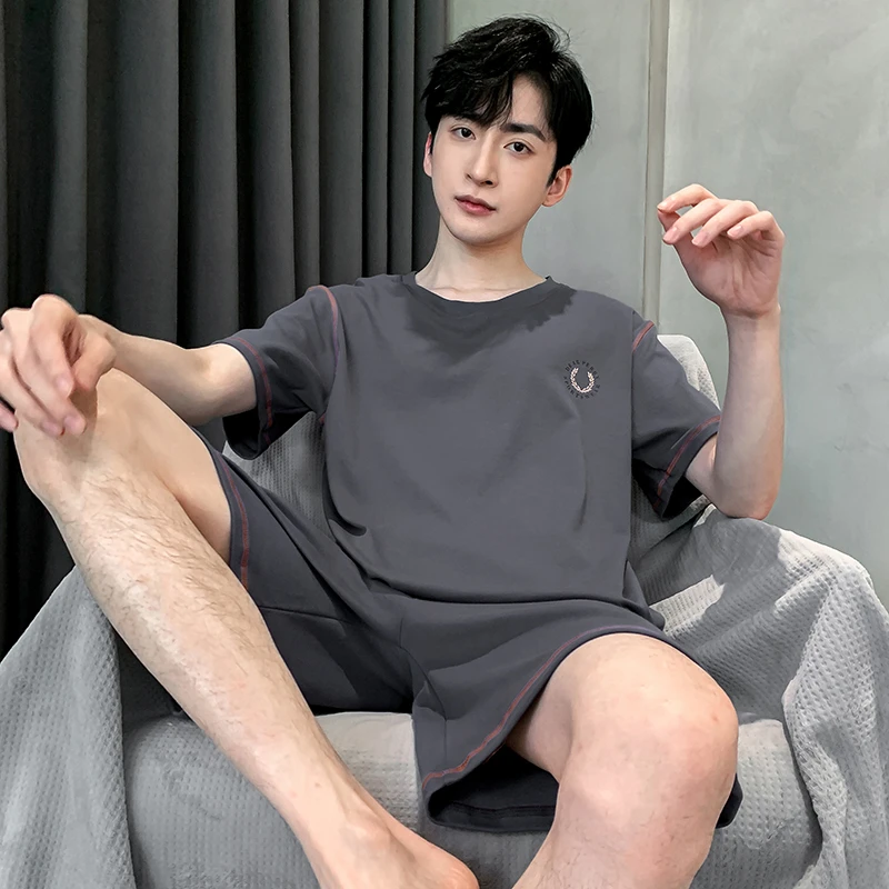 加肥加大码220斤男士青年睡衣夏季纯棉薄款时尚休闲短袖短裤套装