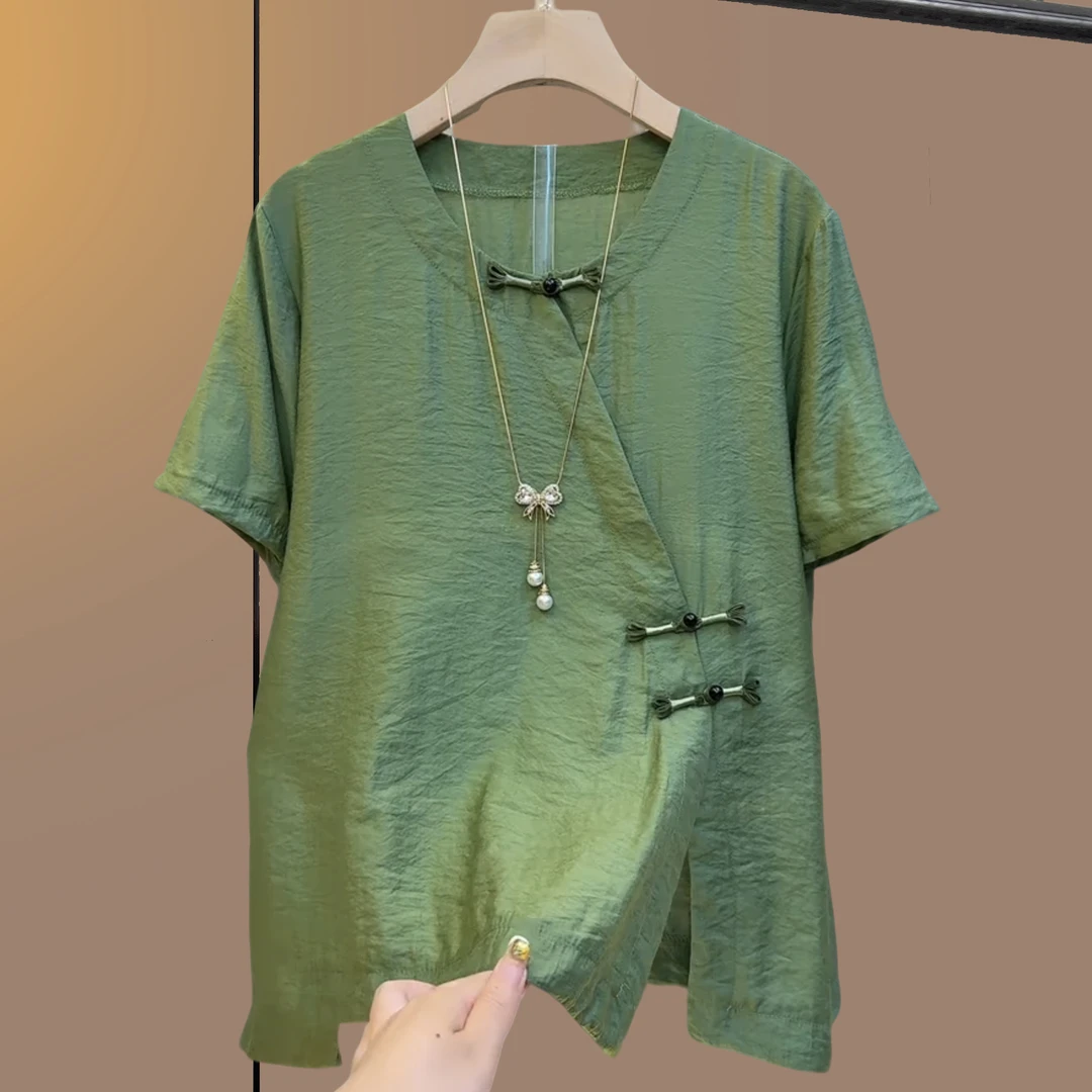 大码女装胖妹妹夏季简约通勤新中式显瘦百搭上衣宽松气质时尚短袖