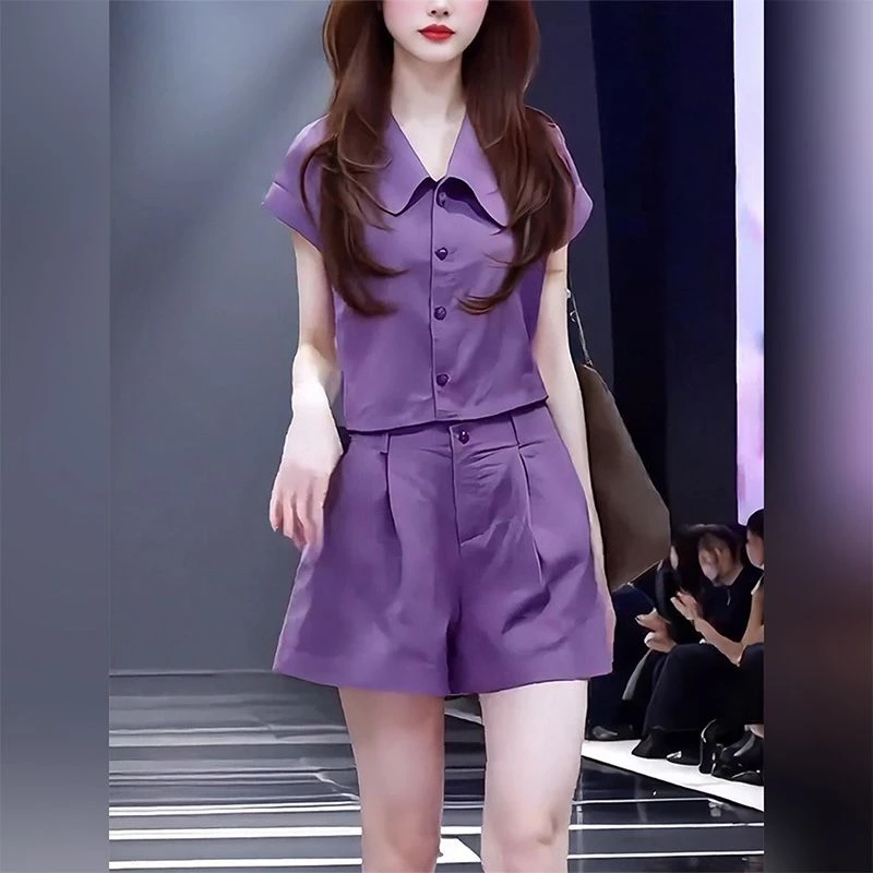 时尚休闲紫色套装女2025夏季新款设计感翻领短袖衬衫短裤两件套潮