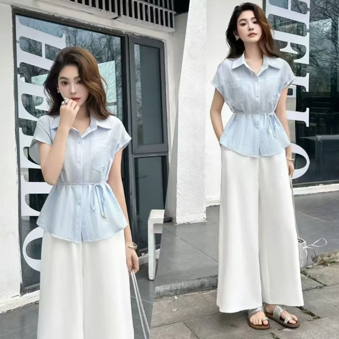 2025夏季新款无袖衬衣高腰时尚修身显瘦阔腿裤套装小个子两件套