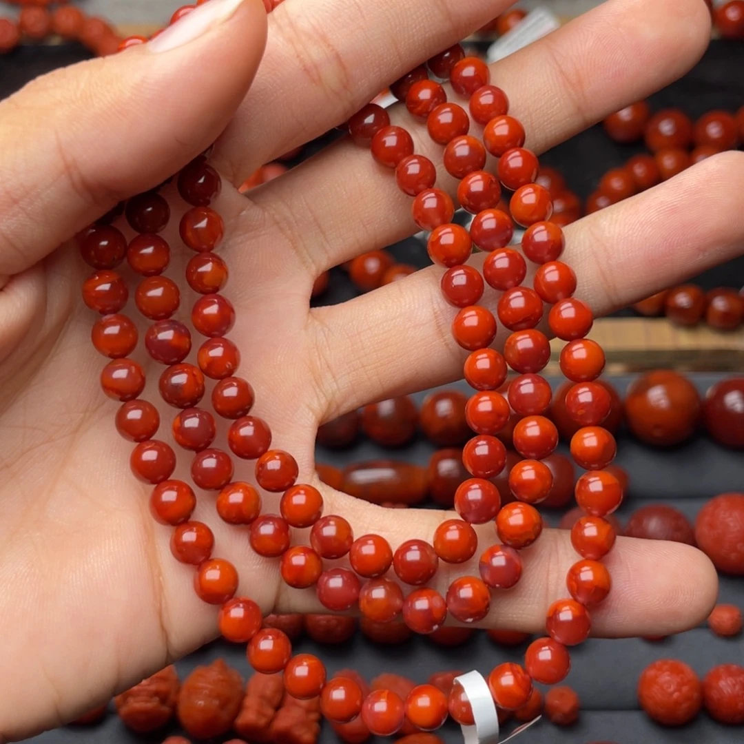 南红玛瑙未镶嵌手串H6.5mm收藏妖孽双色牛血红长链